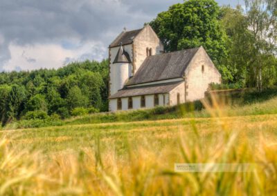 Die Hirsauer Kirche im Landkreis Kusel im Sommer. Kornfeld in der Westpfalz,