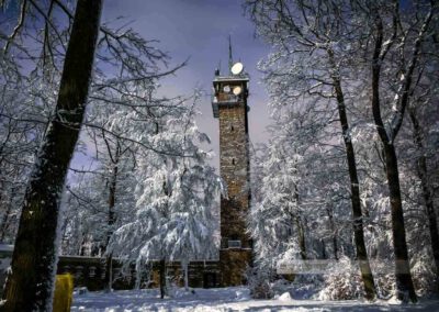 Nachtbild des Potzbergturms auf dem Potzberg. Schneebaladene Bäume, tiefblauer Nachthimmel. Aufgenommen im Landkreis Kusel (Westpfalz)